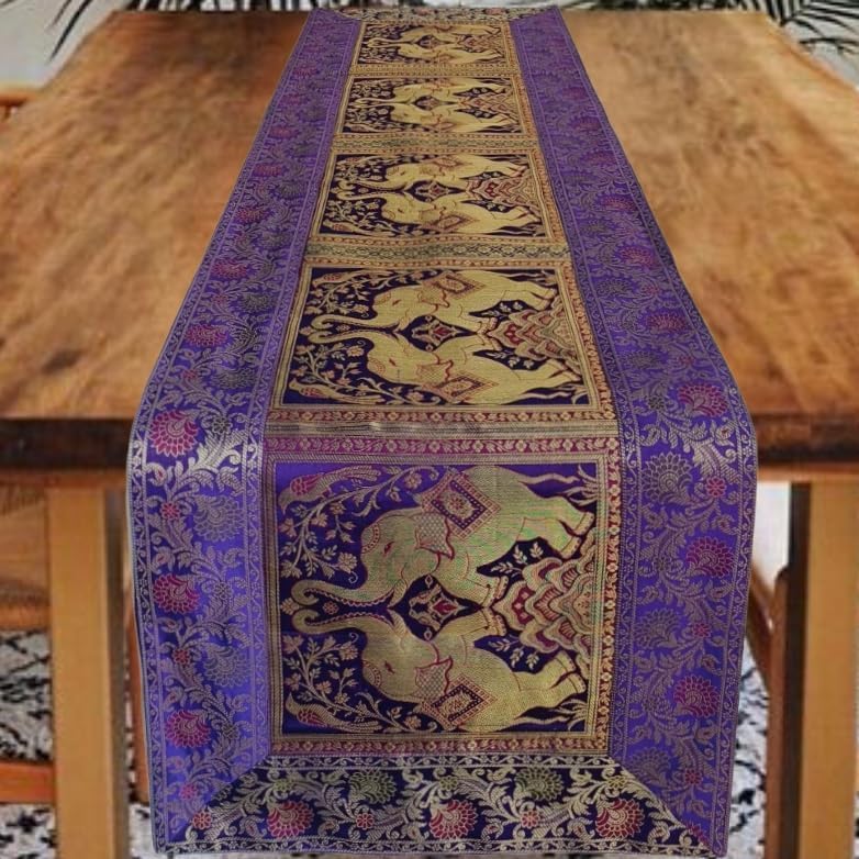 Image of Decorative Handmade Silk Table Runner Golen Brocade Dinning Table & Centre Table Top Decor Rectangular Runners Bed Runners Table Cloth for Wedding (152 X 40 CM ) (Purple)