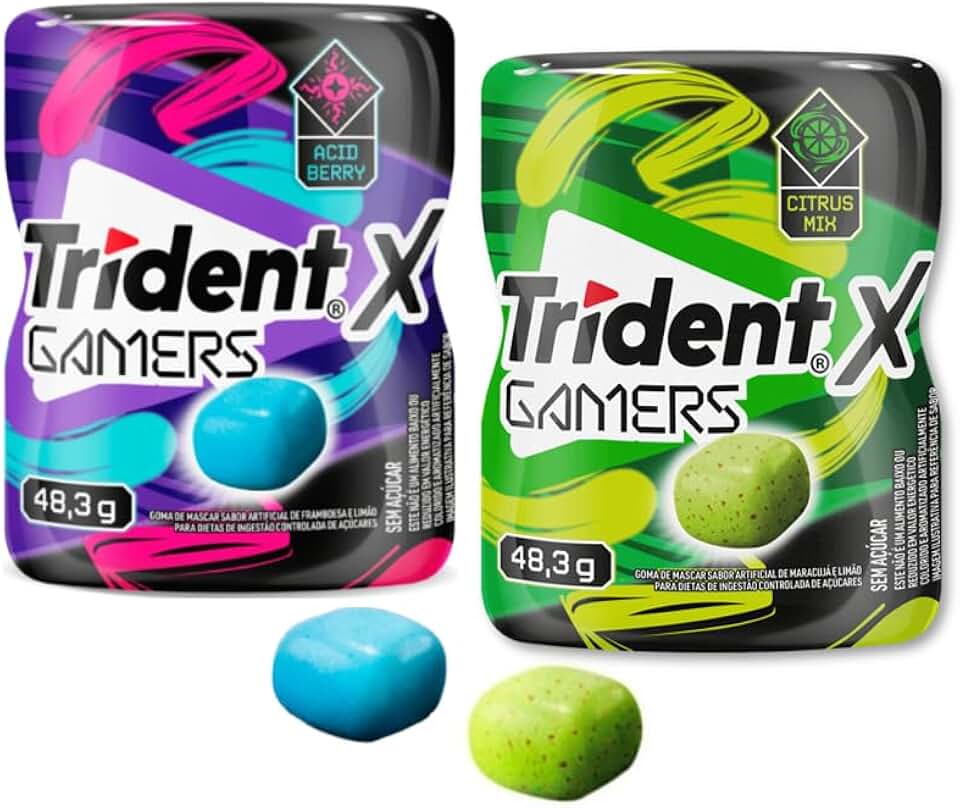 Chiclete Trident X Gamers - Kit 2 Sabores - Citrus Mix e Acid Berry, Sem Açúcar, 48,3g, 2 Garrafas