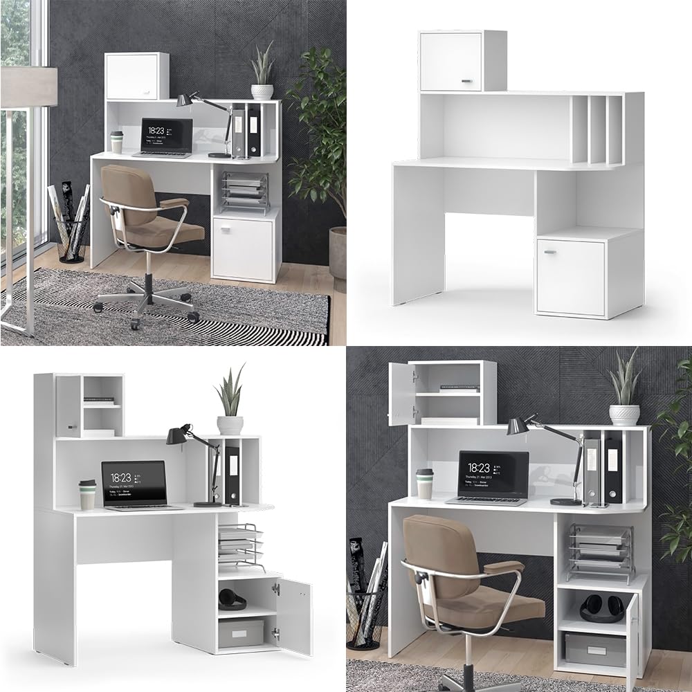 Vicco Bureau Alwin, Blanc, 115x55cm | avec 2 portes, convient à une utilisation comme poste de travail avec surfaces de rangement