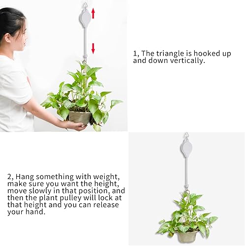 Miniatura 7 de Paquete de 4 poleas retráctiles para plantas, polea de fácil alcance, rueda de altura ajustable para colgar plantas, resistente, colgador de plantas