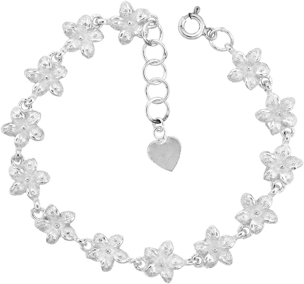7/16 inch wide Sterling Silver Hibiscus Flower Charm Bracelet for Women 11mm fits 7-8 inch wrists
