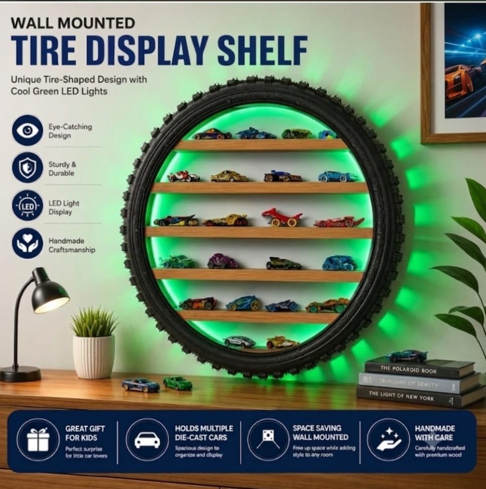 Image of Wooden Wall Shelf Display Rack for 1:64 Scale Die-Cast Cars, Green