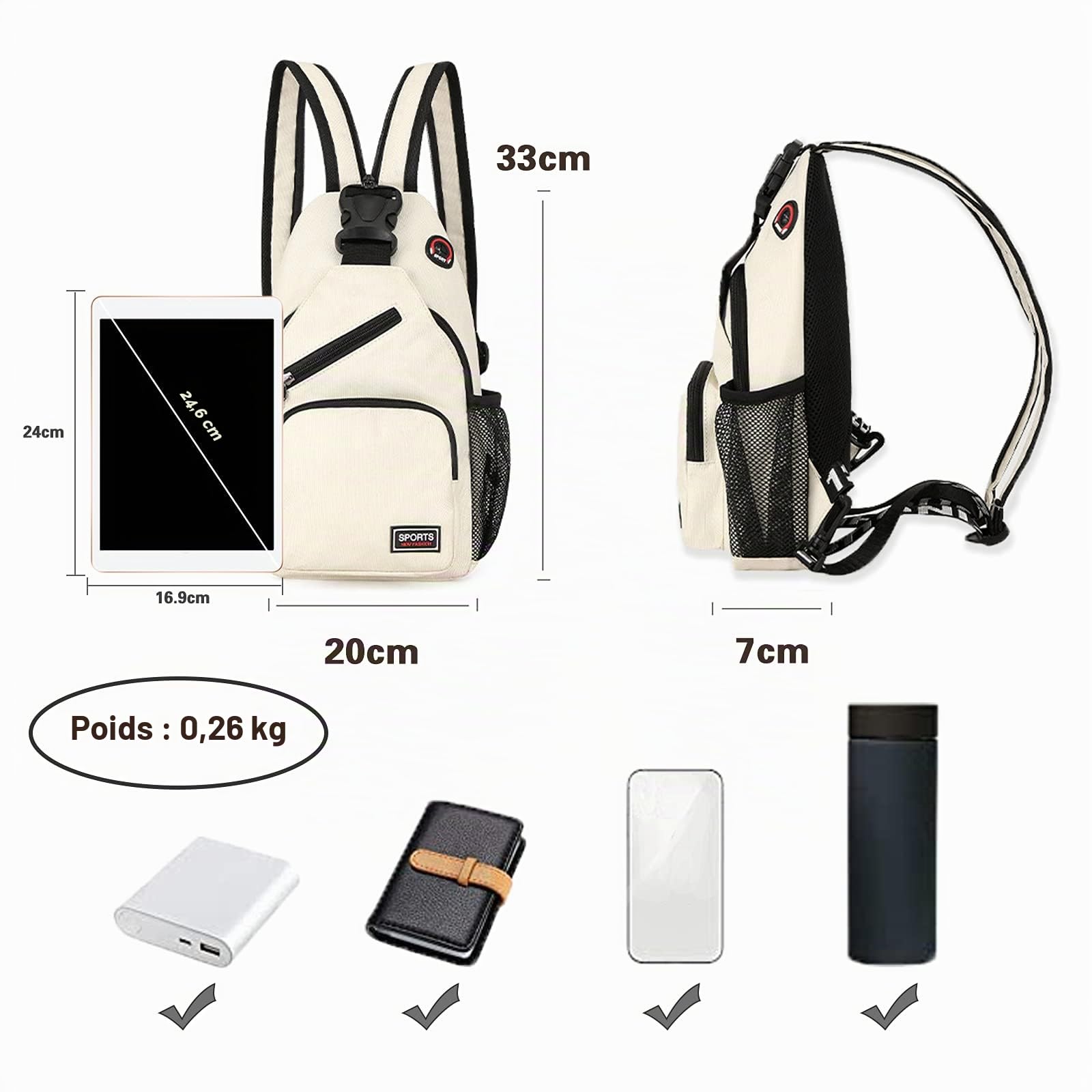 FANDARE Femme Sac de Poitrine Petit Sacs à Dos avec Trou pour écouteurs Sac à Bandoulière Fille Sacoche Bandouliere Sling Bag pour la Randonnée Vélo Camping Polyester Durable Bleu
