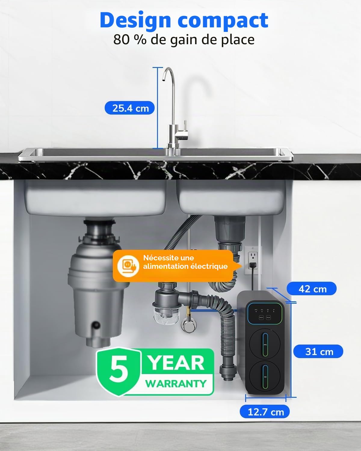 Ecoviva E6 Filtre à eau par osmose inverse compact et fin, filtre sous l'évier de 600 GPD avec robinet, système RO sans réservoir à 9 étapes, réduit le TDS, design compact pour tout espace de cuisine