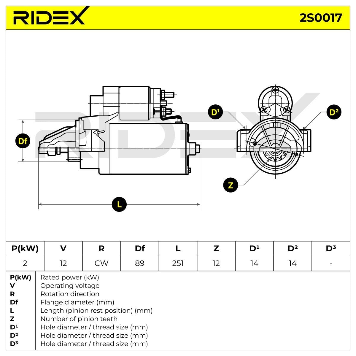 RIDEX Motor Starter/Anlasser 12V, 2kW, Kompatibel mit FIAT Ducato Kastenwagen 250, 290 1748650 1776583 1372739