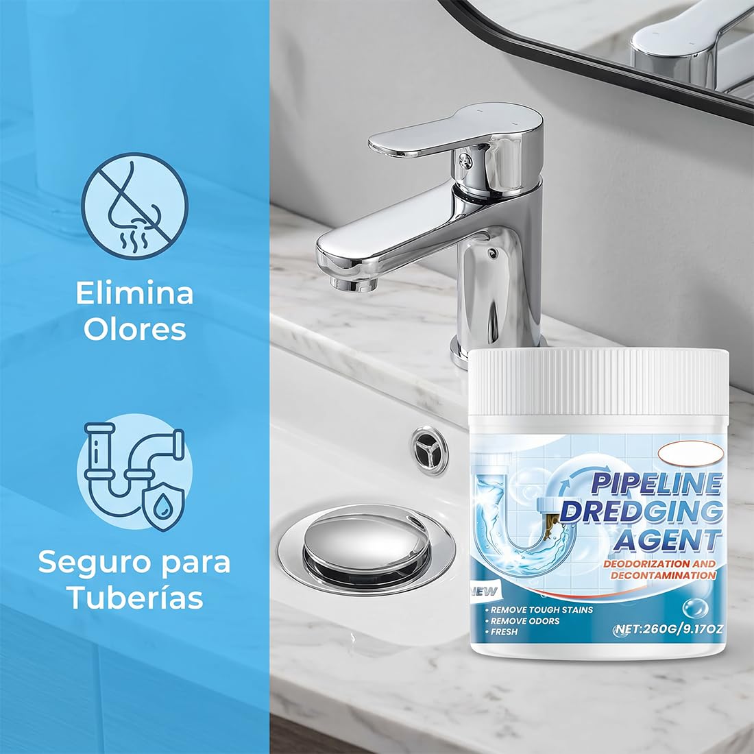 Turbonet 2.0 Desatascador en polvo, 260g Pipeline Desatascador, Pipeline Dredging Agent, Espuma Limpiadora Tuberias, Potente Limpiador De Fregadero y Drenaje (1 Botella)