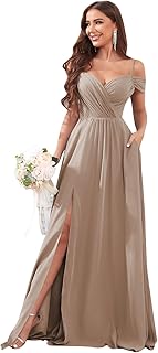 Women's Off Shoulder Bridesmaid Dresses Long Slit Chiffon Ruched Evening Formal Dress with Pockets - Buy now