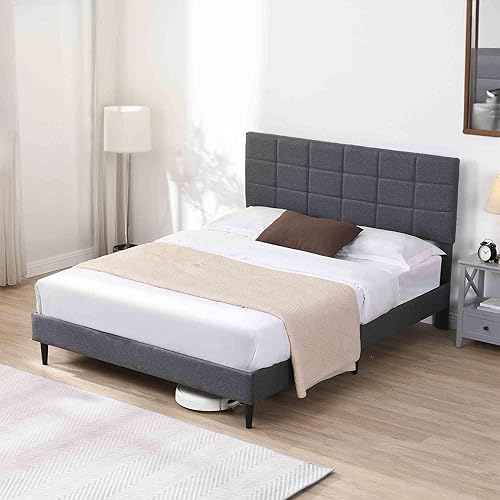 Miniatura 7 de Base de cama Queen con cabecera de tela, marco de cama tapizado, marco de cama resistente con soporte de listones de madera, base de colchón, no