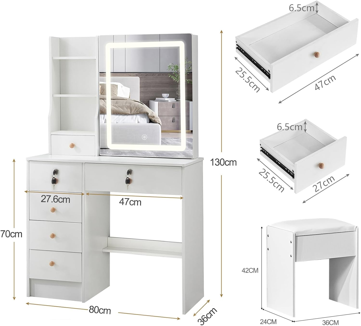 Vanity Desk with Mirror with Lights, Makeup Vanity with LED Ligted Mirror, Vanity Table Set with 5 Drawers and Stool, Shelves, Vanity Makeup Table with Mirror for Bedroom, White