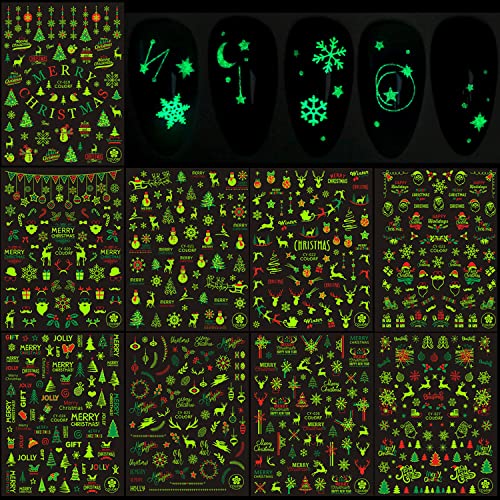 Christmas Nail Art Stickers Decals, Holographic Winter Luminous Nail Adhesive Sticker Design, Snowflake Elk Xmas Tree Nail Decal Supplies For Women Manicure Charms Decoration, Diy Resin Nail Art Tips #TOP6