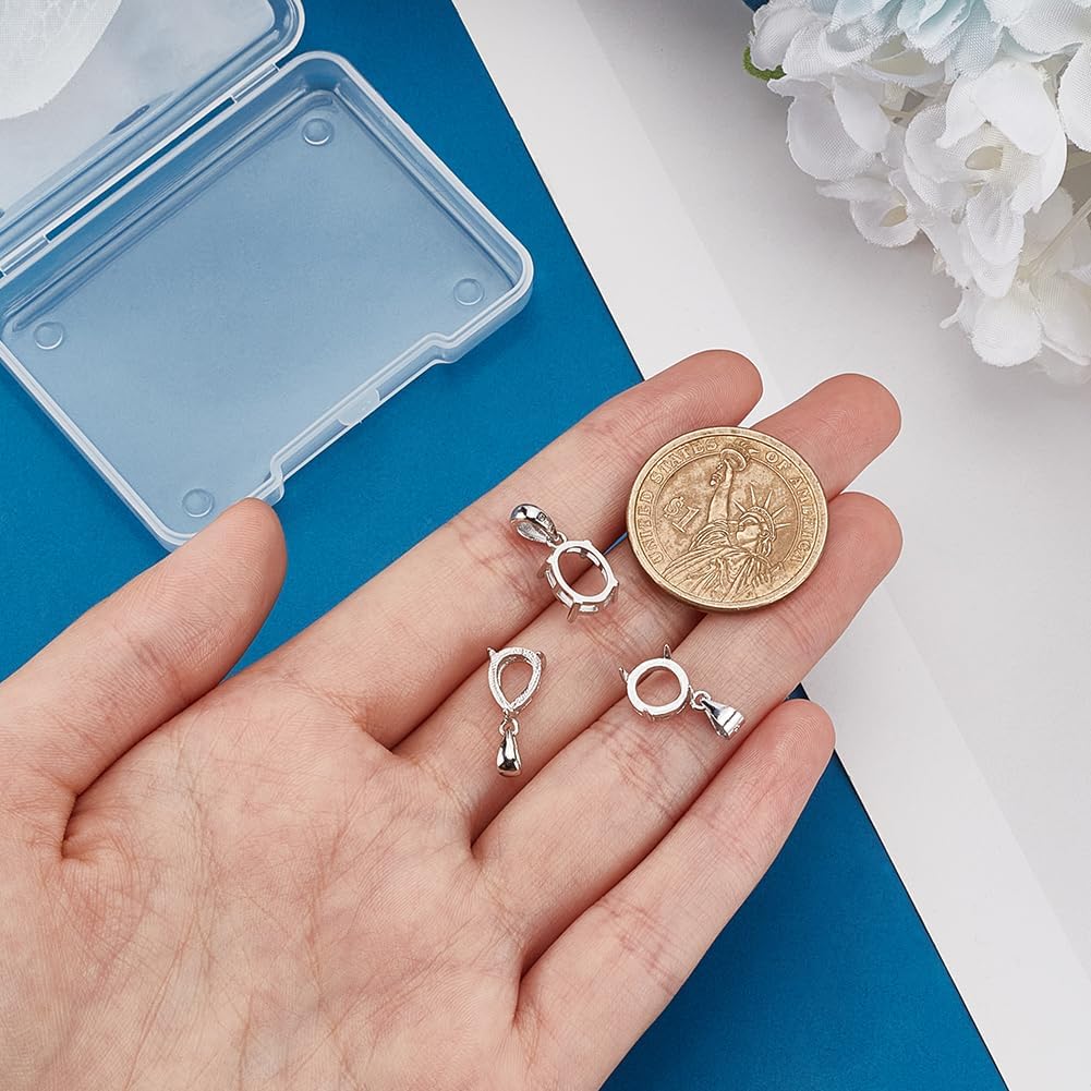 PH PandaHall 3pcs 925 Sterling Silver Pendant Blank, 3 Styles Pendant Tray Setting Round Oval Teardrop Pendant Base Gemstone Support for Jewelry Necklace Pendant Making, Fit for 8-10mm Gems