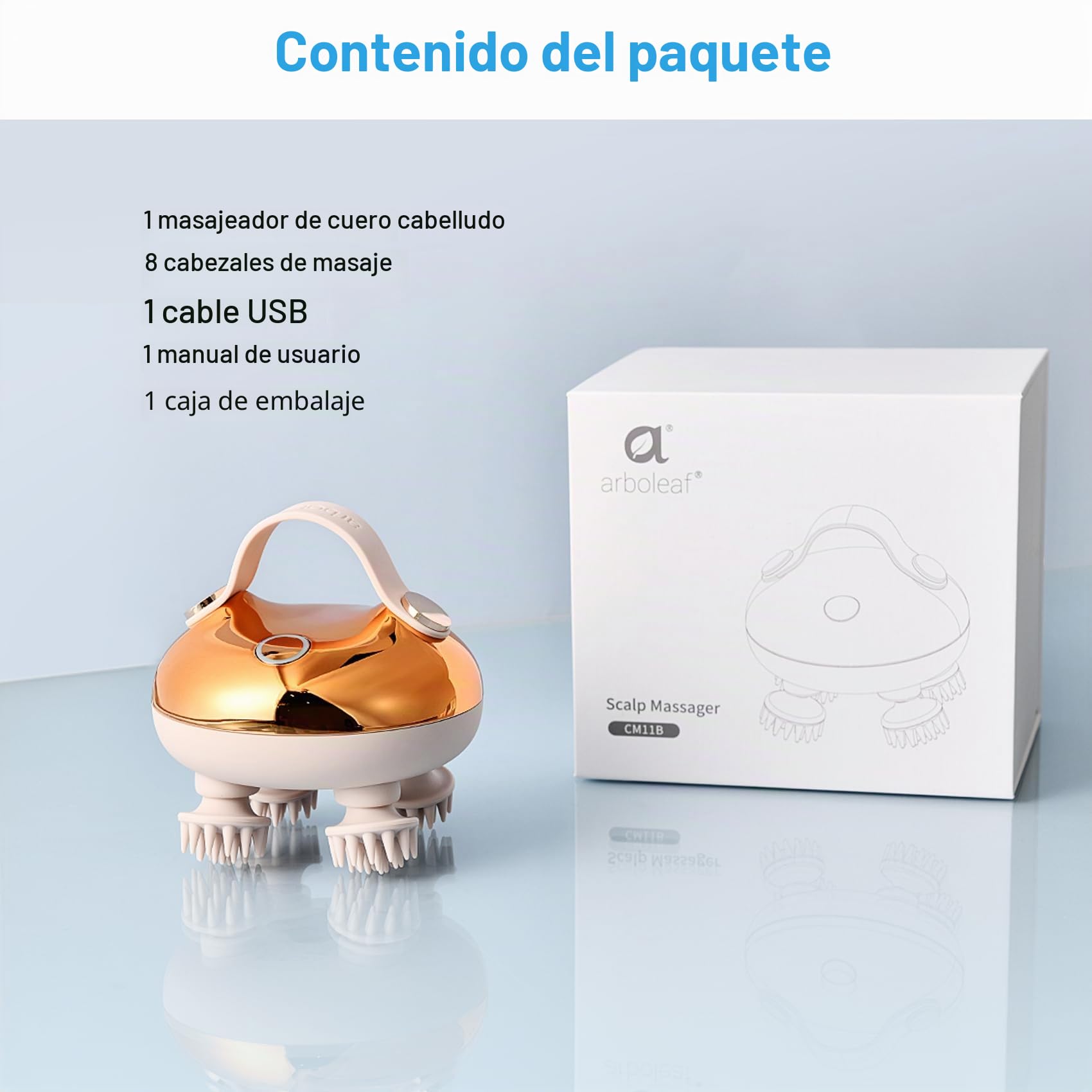arboleaf Masajeador Cabeza Electrico Masajeador de Cuero Cabelludo y Cuerpo Portátil Recargable Impermeable IPX7 con 8 Cabezales de Masaje de Silicona, 3 Modos