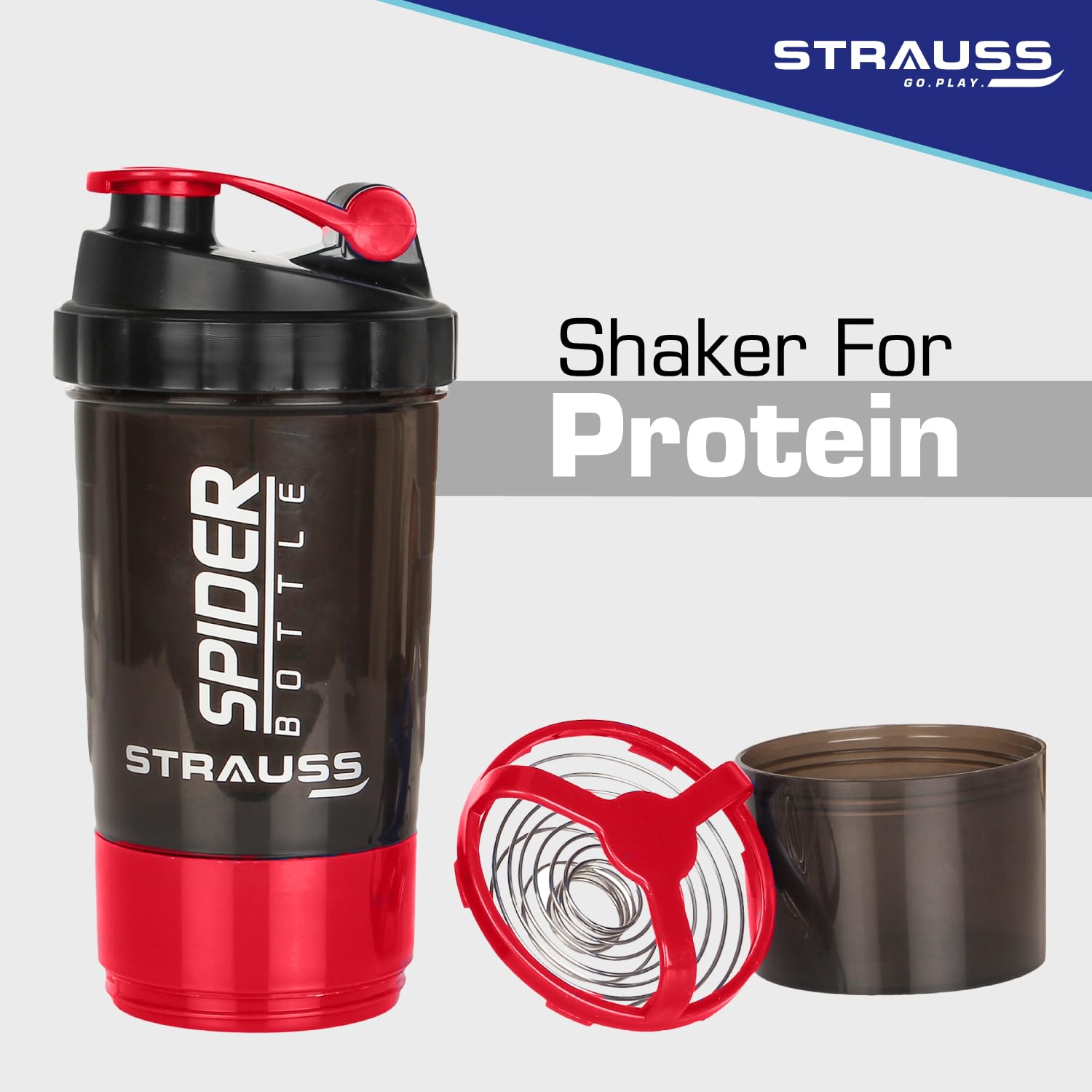 STRAUSS Spider Gym Shaker Bottle | Shakers for Protein Shake with 2 Storage Compartment | Leakproof Gym Protein Shaker for Post and Pre-Workout Drink | 100% BPA Free (500 ML, Pack of 1,Red) 3