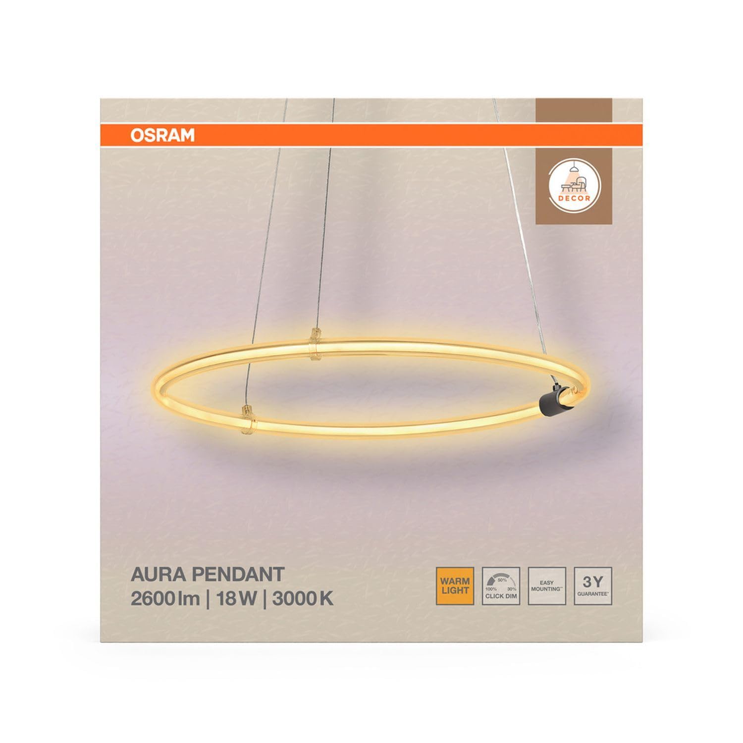 Osram Decor Aura - Lampadario a sospensione in policarbonato curvo con LED e filamento, 18 W, 2000 lm, 3000 K, 830 luce bianca calda, dimmerabile, grigio scuro, plastica (PC), 498 mm, IP20