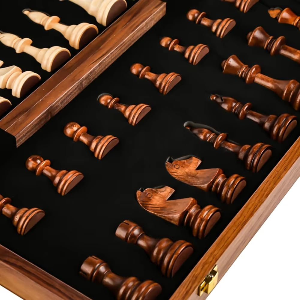 Juego de Ajedrez, Madera, Plegable, Grande, Tradicional, Clásico, Hecho A Mano, Piezas de Madera Maciza, Tablero de Ajedrez de Nogal, Regalo para Niños