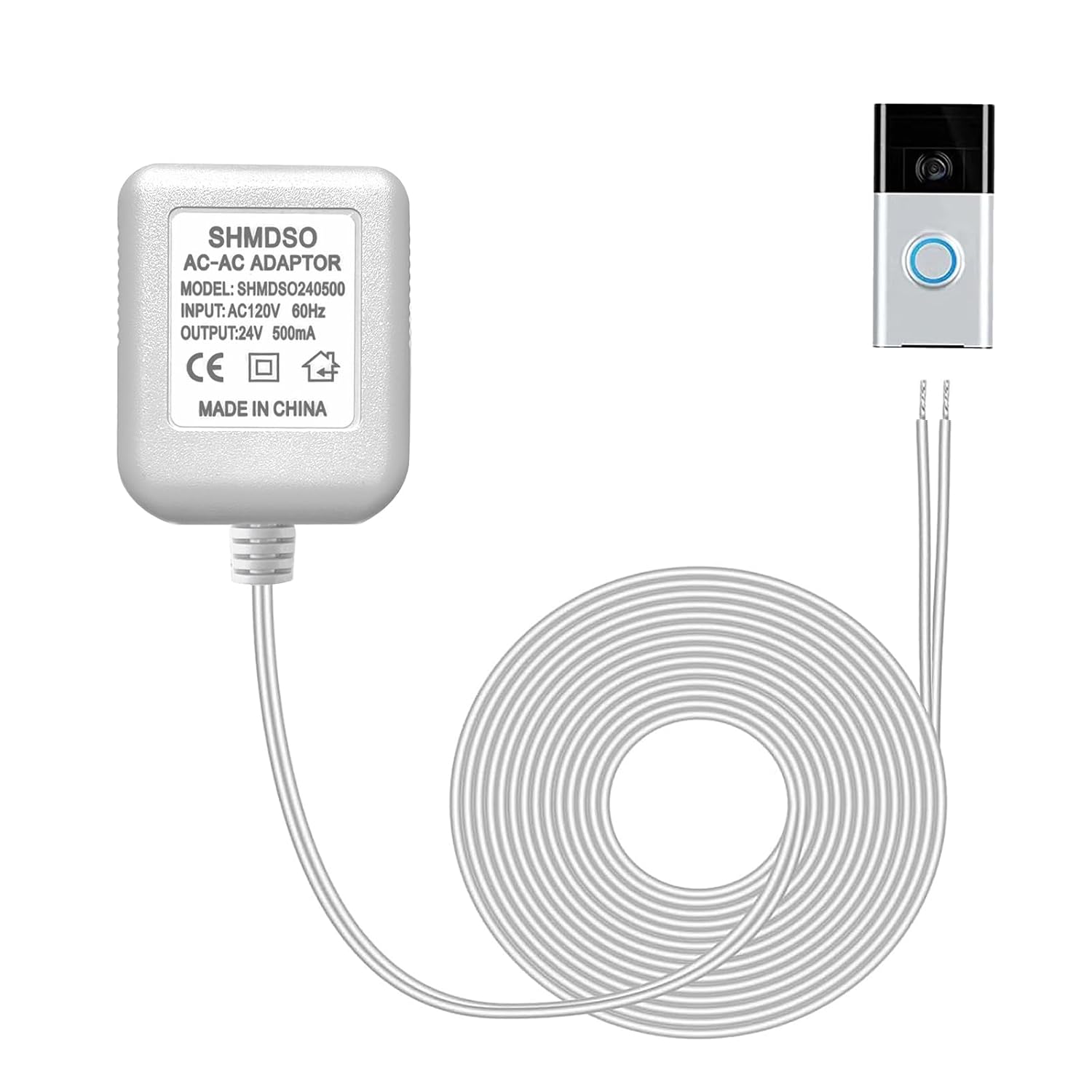 Doorbell Power Supply 24V Power Adapter 24V 500mA Video Doorbell Transformer, Compatible with Arlo Nest Wyze Eufy Ring Doorbell Adapter (White 19.5 Feet)