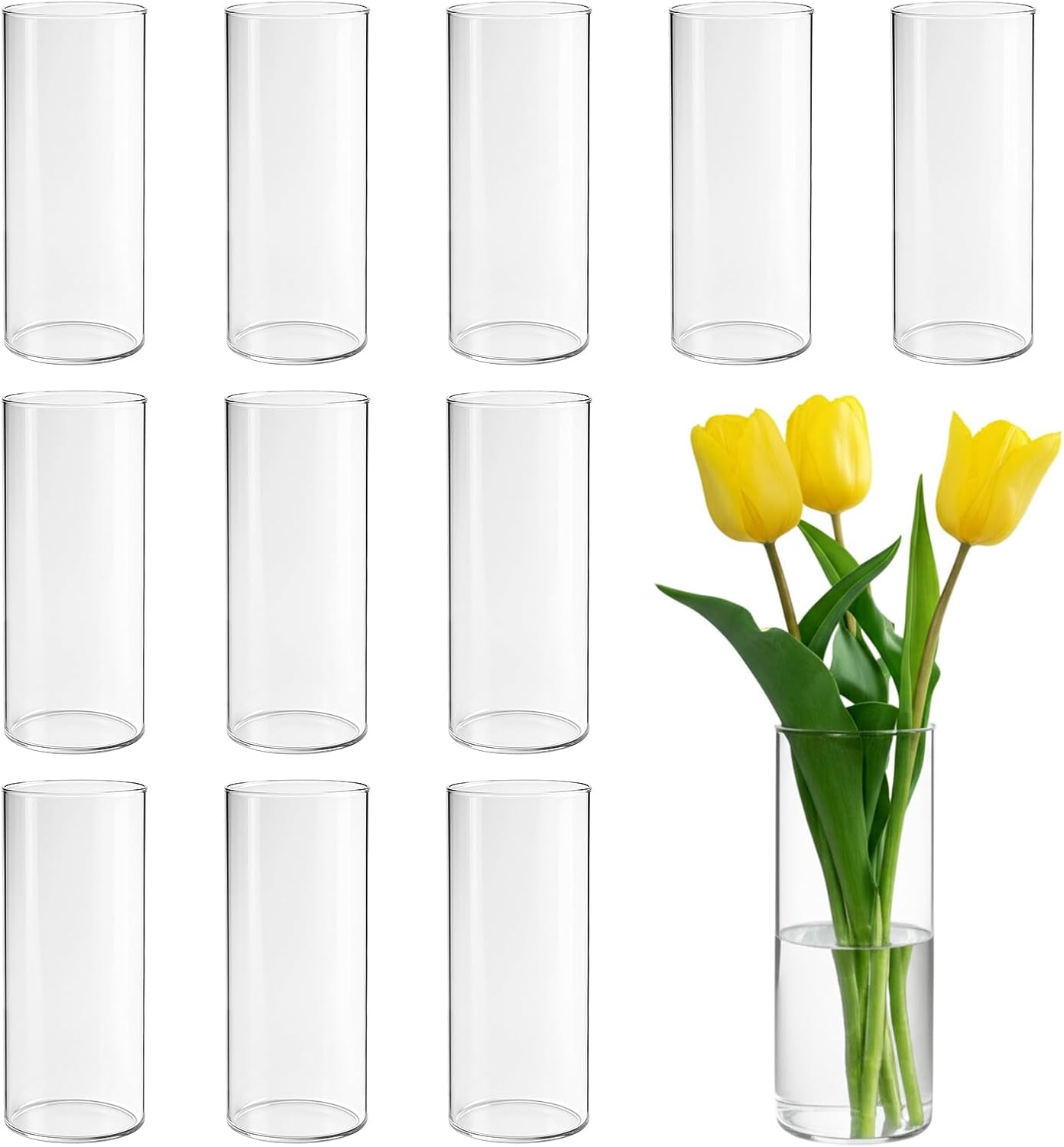 12Pcs 8 Inch Glass Cylinder Vases for Centerpieces, Clear Tall Glass Vases Bulk for Floating Candles Wedding Home Decor Flower Arrangements, Hurricane Candle Holders