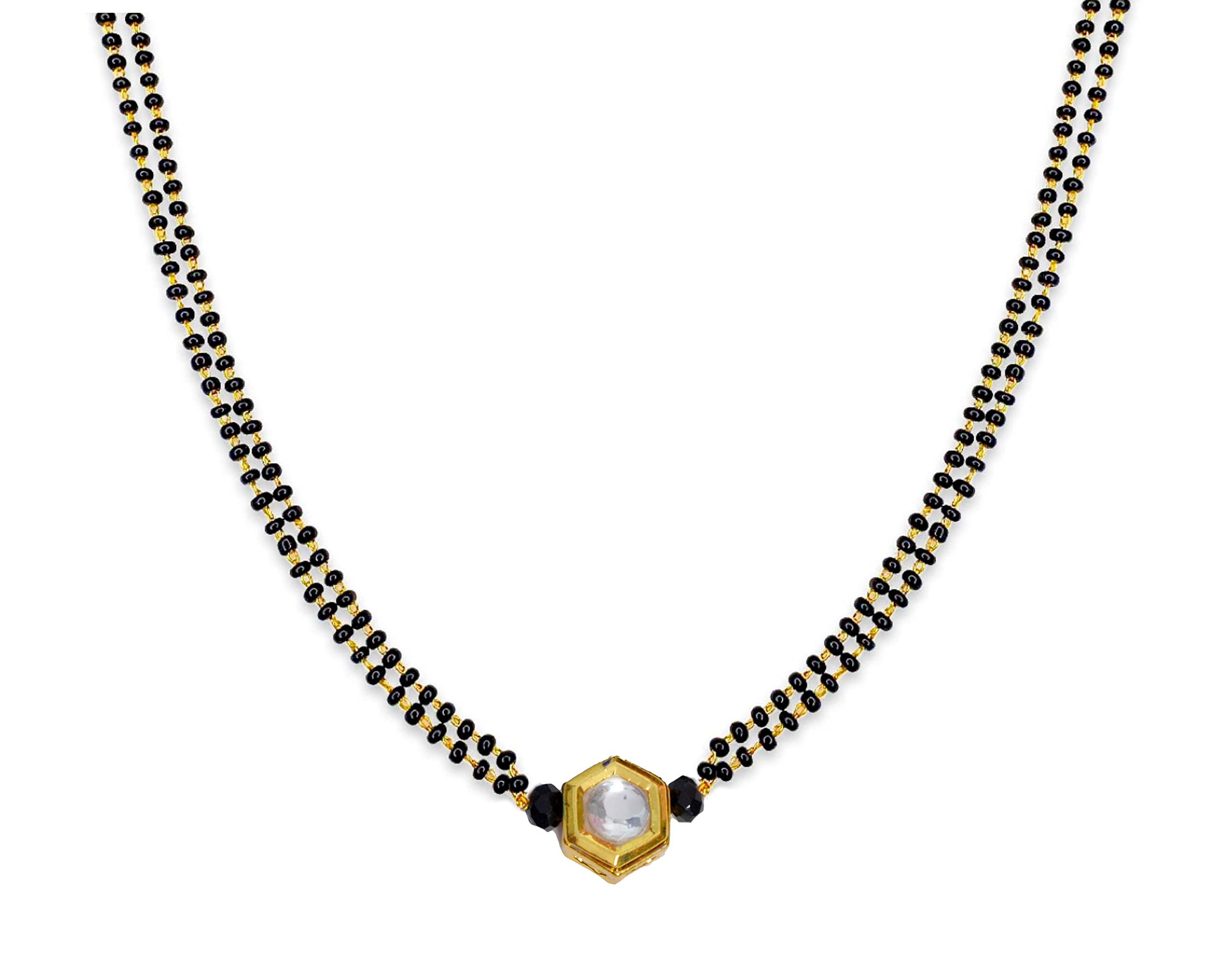 Mangalsutra Gold Plated Kundan Stone With Black Beads Double Strand Mangal sutra Chain for Women & Girls (kundan, 18 Inch) (Hexagon)