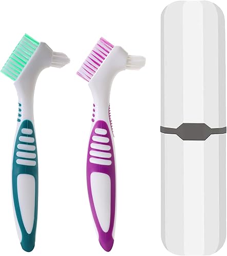 Juego de 2 cepillos de limpieza de dentaduras postizas con 1 estuche de transporte blanco, cerdas suaves de viaje, limpiador de dentaduras postizas