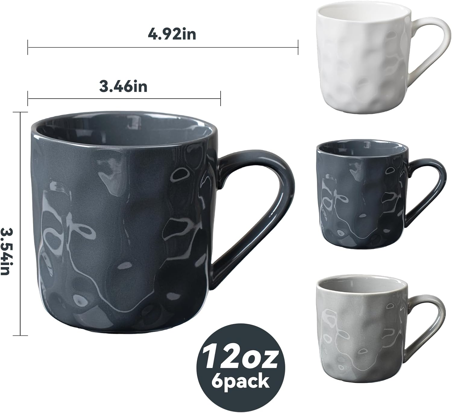 Porcelain Coffee Mugs, Set of 6, 12oz Hand-Pinch Textured Ceramic Mugs, Microwave & Dishwasher Safe, Non-Toxic, Stylish Gift (Dark blue, White, Grey)