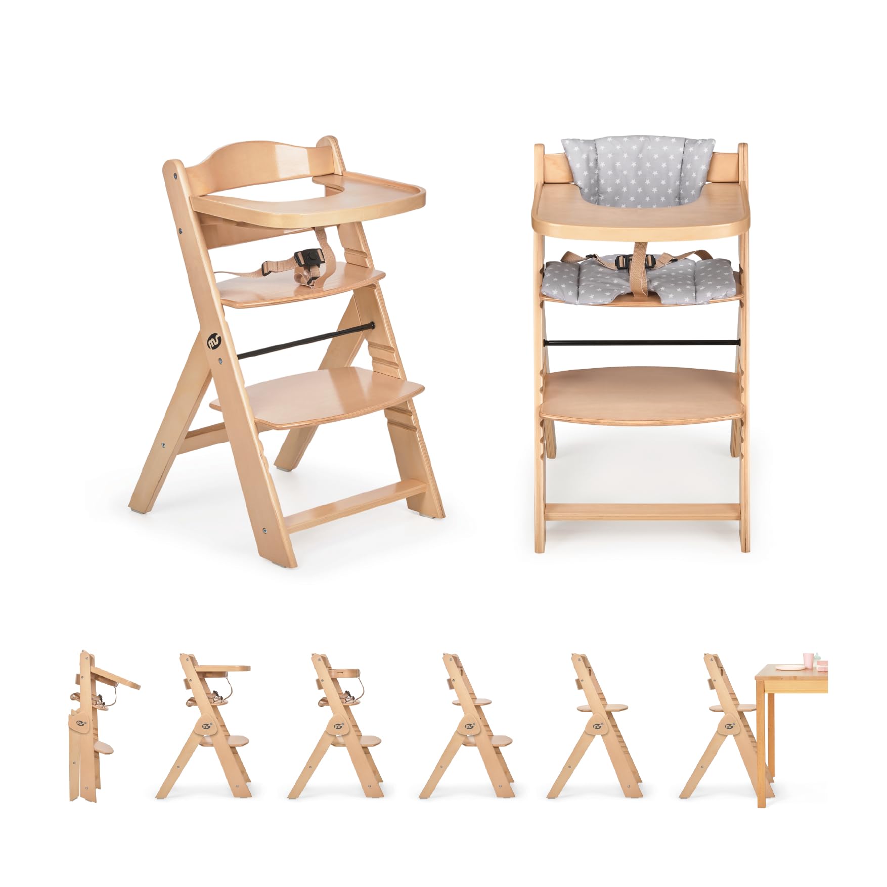 ms Trona para bebé de Madera Full PLEGABLE - Evolutiva- Silla Alta, Ergonómica, Regulable, Segura, Madera/​Gris