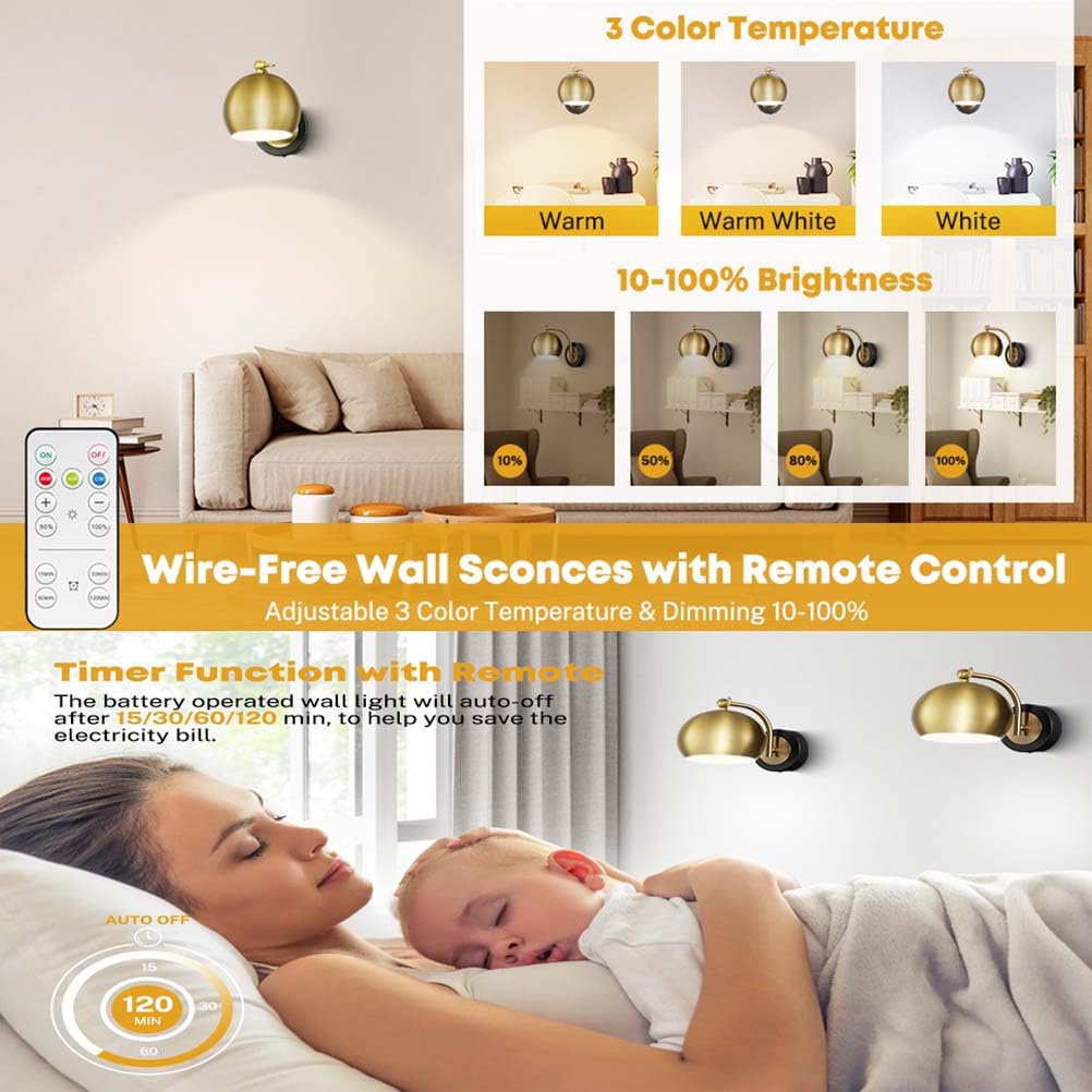 AoLa Innen Wandleuchte Dimmbar mit Fernbedienung Wandlampe E27 Verstellbare Kabellos Wandbeleuchtung Gold Kugel Metall Nachttischlampe Retro Industrial Batteriebetrieben Wand Leselampe,2pack