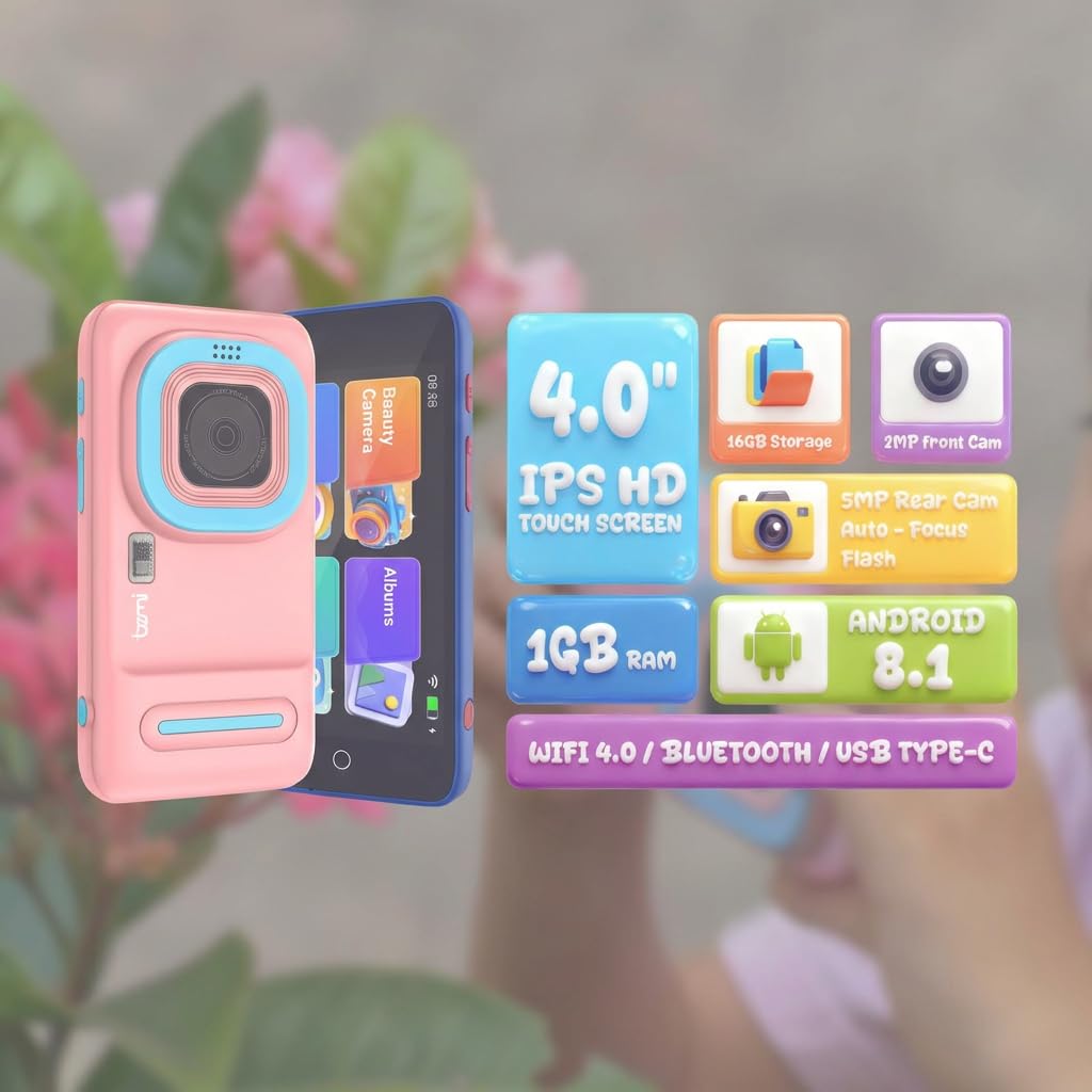 Bemi Pixi Aparat Edukacyjny dla Dzieci z AI, 4" Ekran Dotykowy, Rozpoznawanie Obrazów AI, Interaktywna Nauka, Aparat 5MP, 16GB, Wi-Fi, Android, Różowy (Różowy)