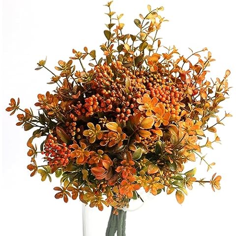 YIBUKIY Artificial Fall Flowers for Outdoors Fake Plants- 6 Bundles Faux Plants Outside Greenery Boxwood No Fade Plastic Shrubs Fall Decor Farmhouse Home Garden Thanksgiving (Golden Type A) Cover