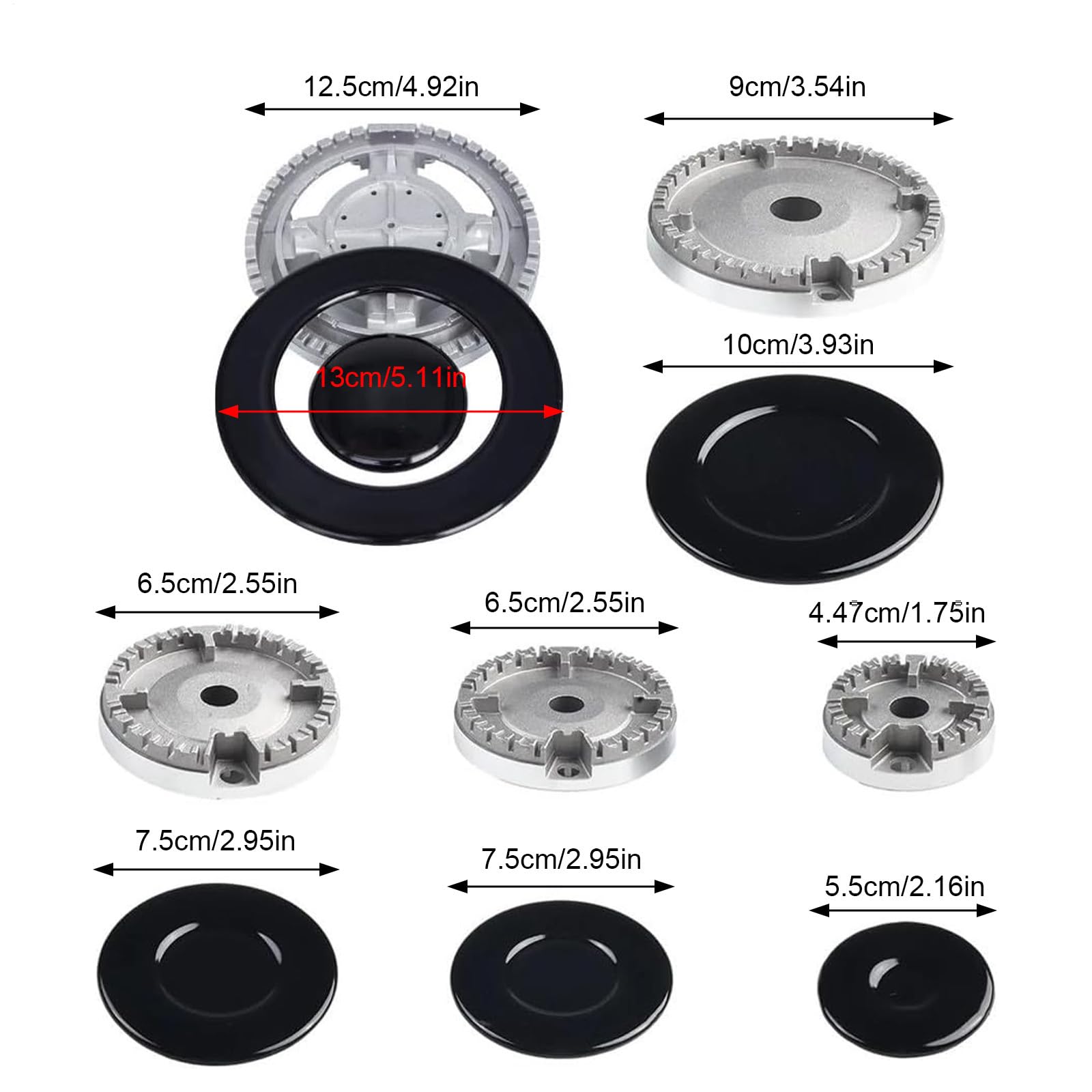 Coprifiamma per Piano Cottura a Gas - Set 11 Pezzi Universale in 3 Misure (55mm, 75mm, 100mm) | Resistente al Calore per Sicurezza | Protezione da Schizzi e Sporco | Per la Pulizia e Manutenzione