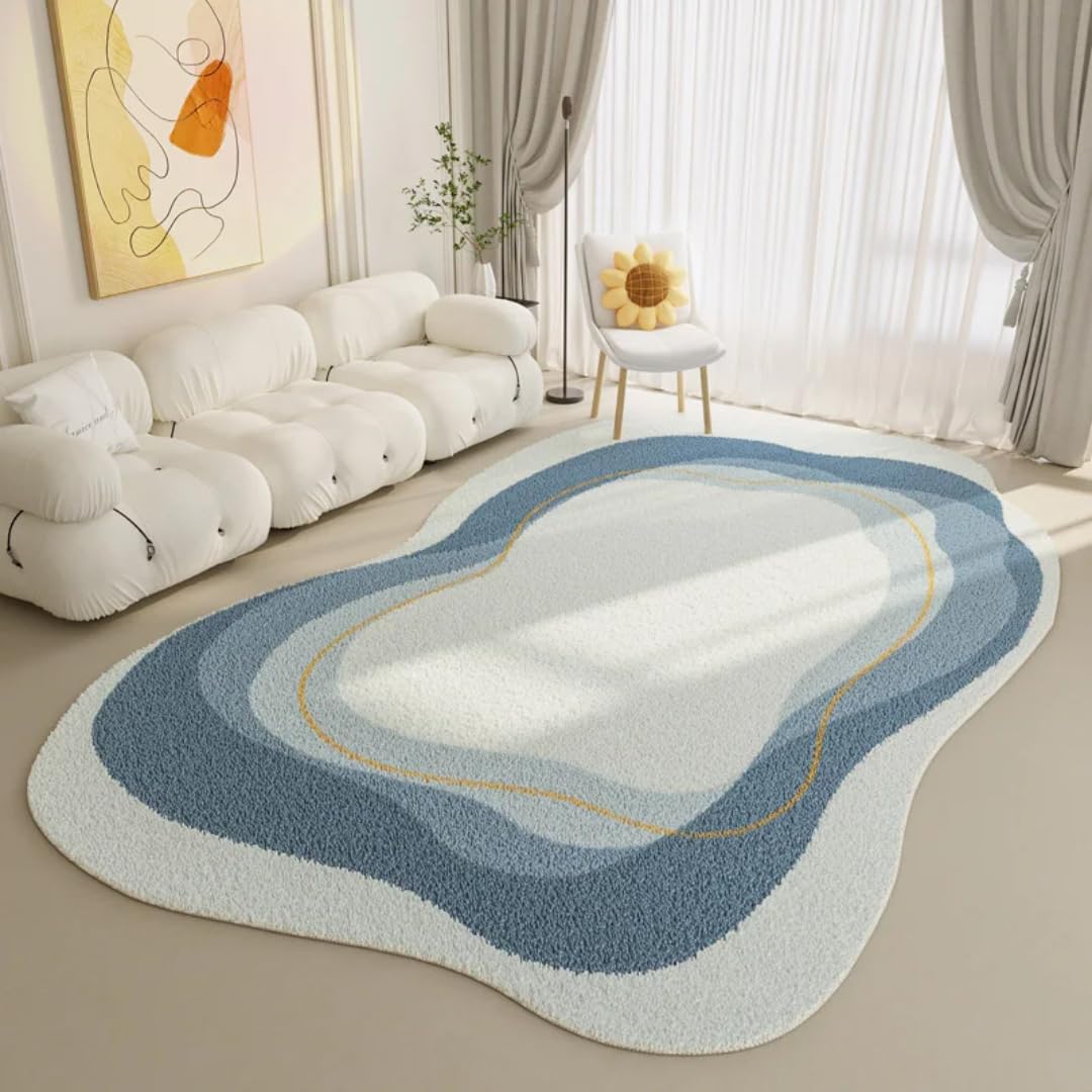 Tapis forme irreguliere en peluche moelleuse et epaisse pour salon minimaliste