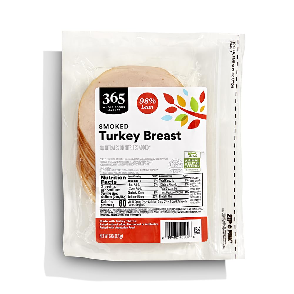 365 by Whole Foods Market Smoked Turkey Sliced Deli Meat, 98% Lean, No Nitrates or Antibiotics, Animal Welfare Certified, 6 oz