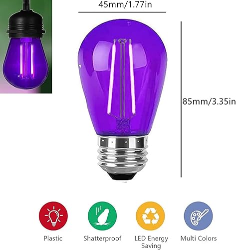 Miniatura 2 de Paquete de 15 bombillas LED S14 de 2 W, bombillas de repuesto de Navidad moradas para exteriores, bombillas LED Edison moradas, base E26, bombilla