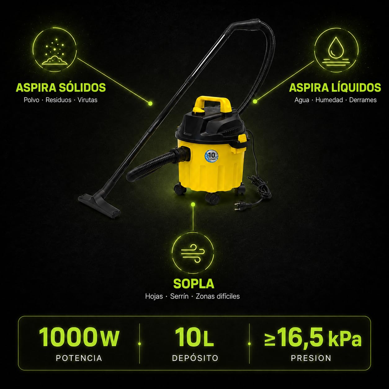KOMBO – Aspirador de Sólidos y Líquidos 3 en 1 con Función Sopladora, Motor 1000W, Depósito 10 litros, Filtro Lavable – Aspiradora Multiuso para Casa, Garaje y Taller