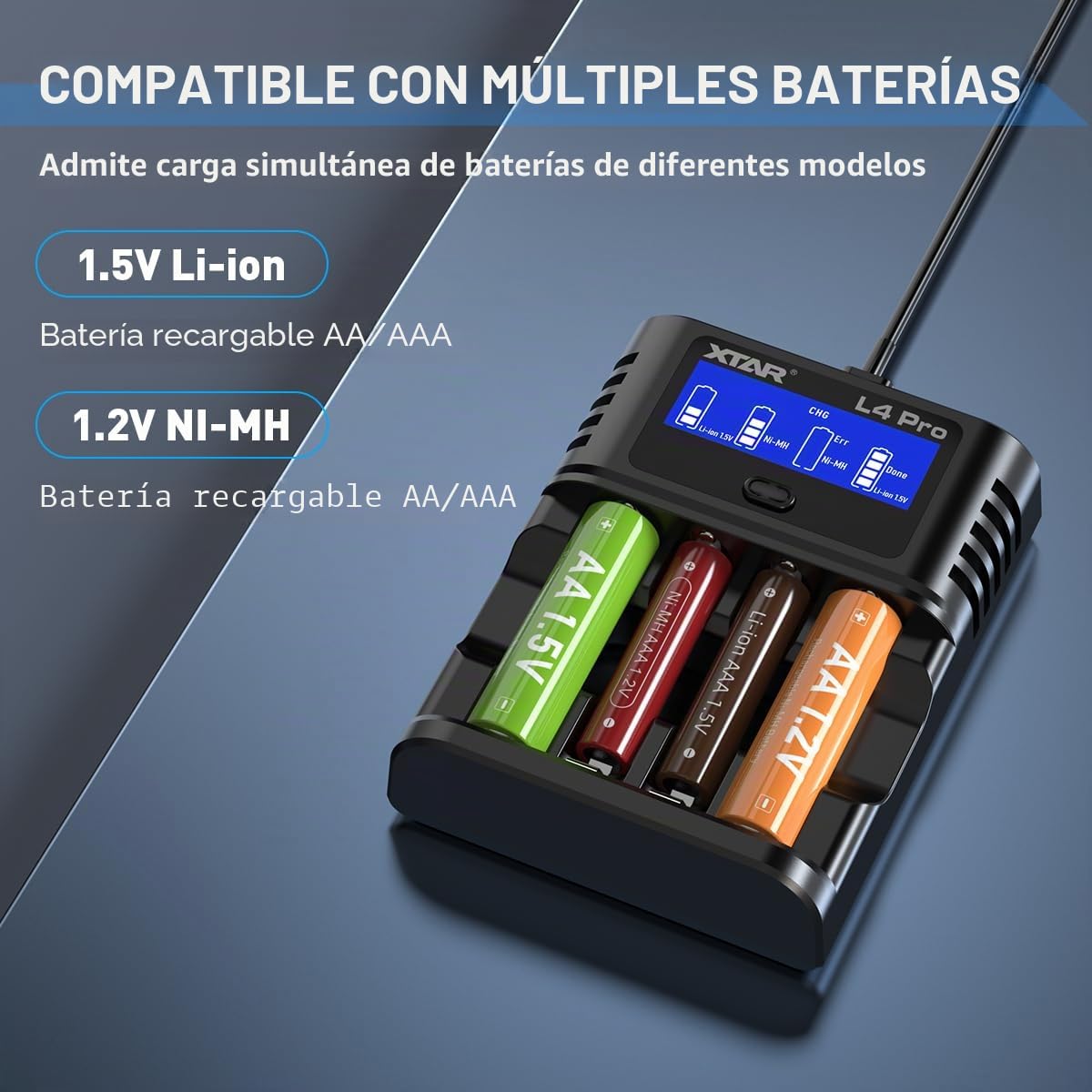 XTAR Cargador L4 Pro para pilas AA AAA - cargador rápido compatible con baterías NI-MH y Li-Ion - Cargador inteligente con protección contra sobrecarga para baterías de 1,2 V y 1,5 V