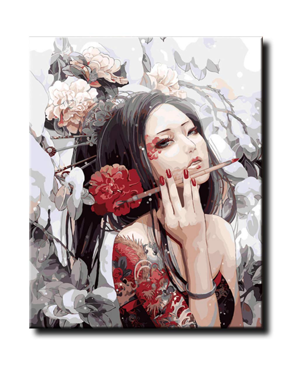 Shukqueen Diy Oil Painting, Adult's Paint by Number Kits, Acrylic Painting Chinese Girl 16X20 Inch (Framed Canvas)