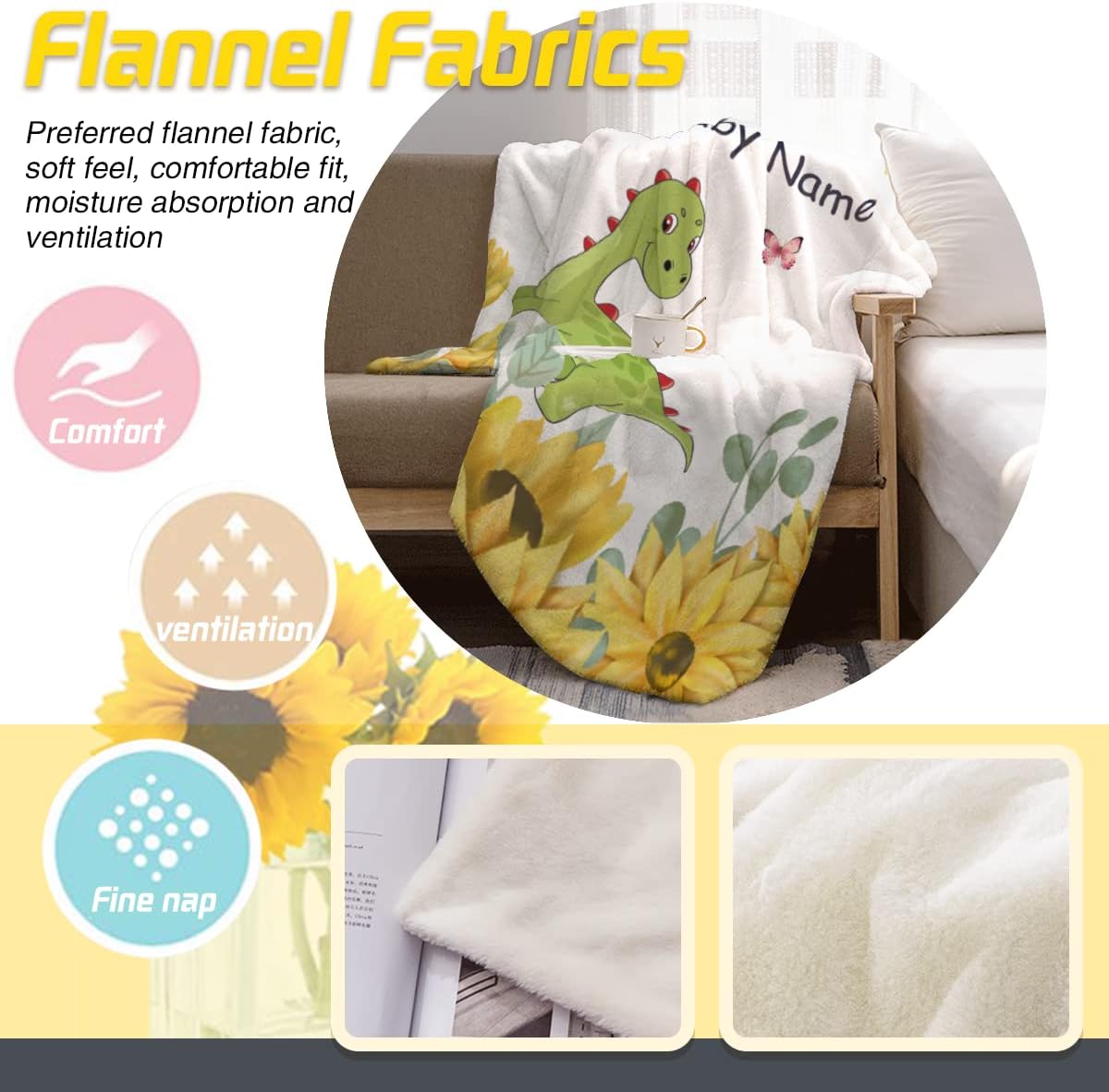 Personalized Sunflowers Baby Name Blanket with Dinosaur Customized Receiving Baby Blankets 50x40 Inch