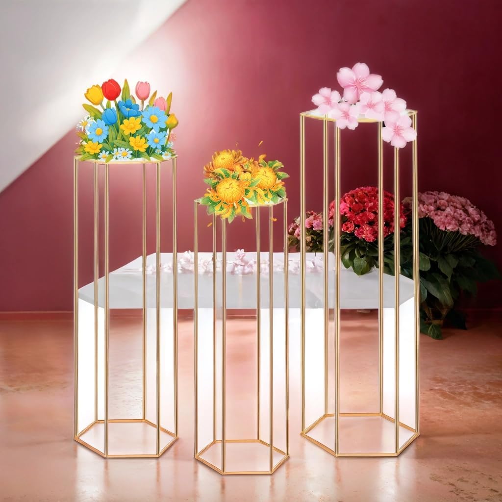 Cylinder Pedestal Stands for Party, 3 PCS Hexagon Gold Metal Plant Round Cylinder Stands for Party Flowers, Display Pedestal Stand Cylinder Tables for Vases Birthday Party Backdrop Decorations