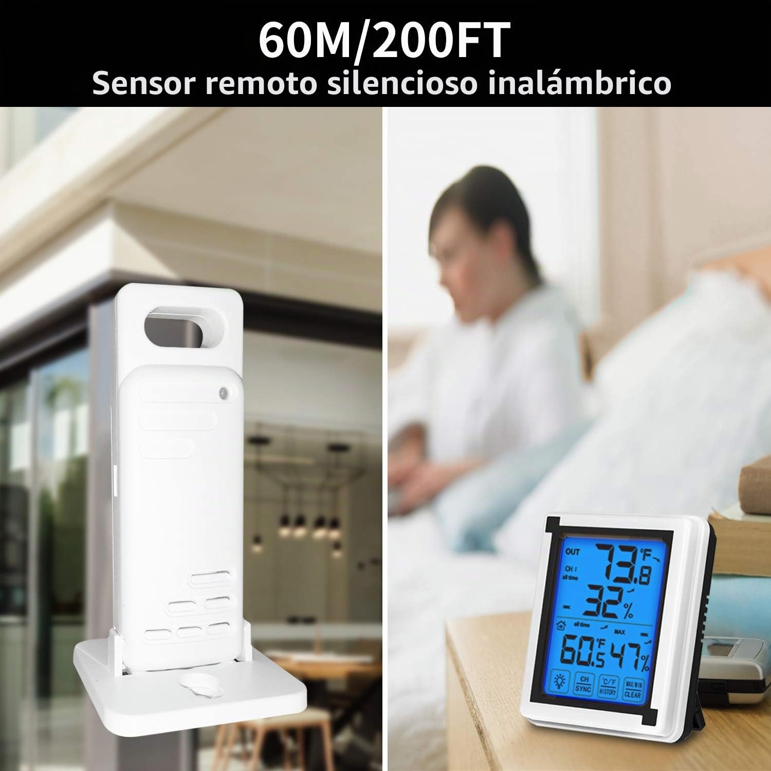 ThreeH Termómetro para Interiores y Exteriores Higrómetro Digital con 3 sensores Inalámbricos Indicador Humedad Monitor Temperatura Preciso Pantalla Táctil LCD Retroiluminación (3 sensores)