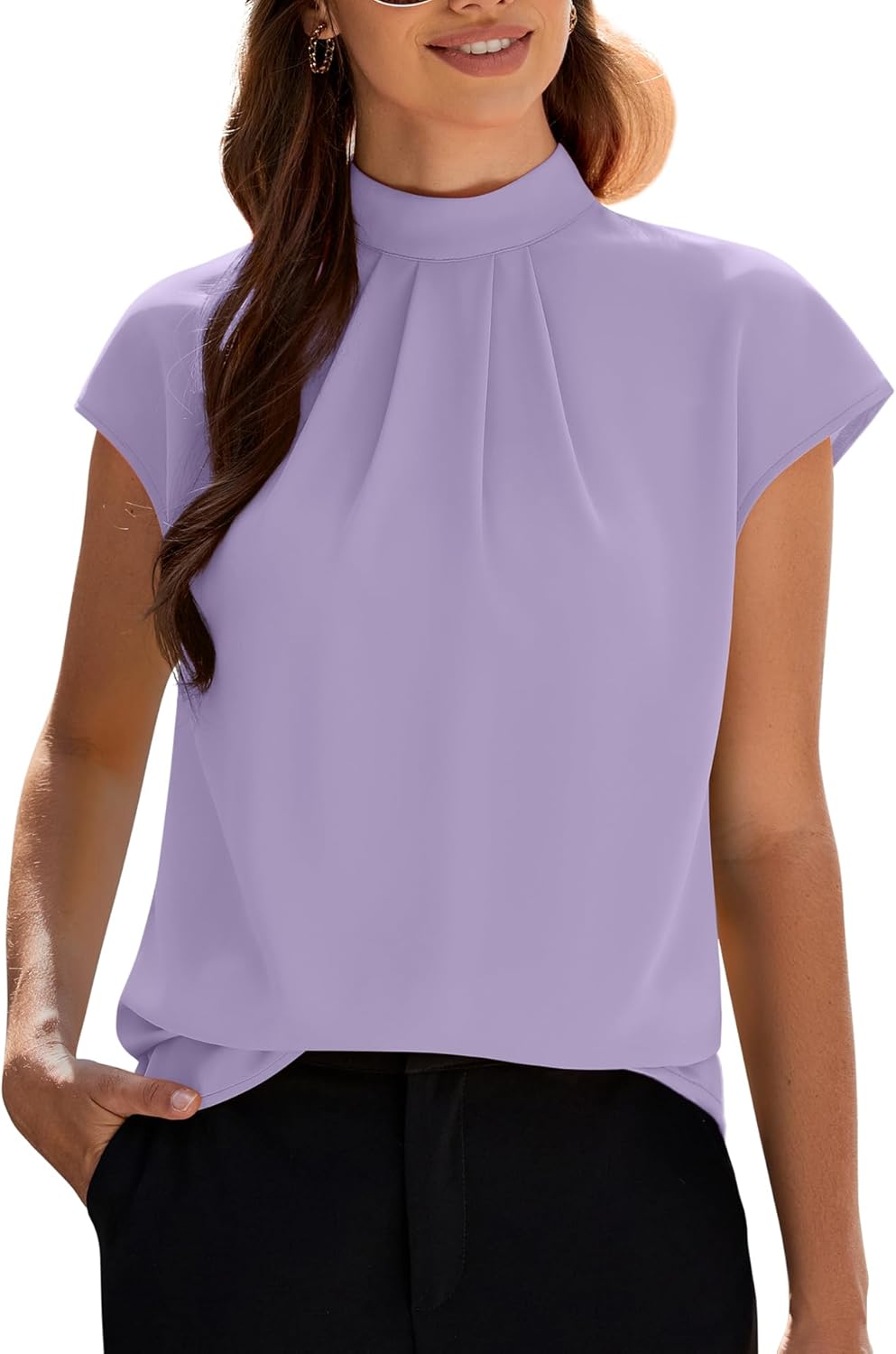 Funlingo Womens Summer Tops Mock Neck Short Cap Sleeve Blouses Business Casual Work Chiffon Shirts Front Pleated Tunic Top