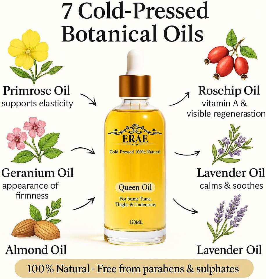 ERAE Queen Body Oil – Cold Pressed Botanical Blend for Hydrating & Firm-Looking Skin, Lightweight Fast-Absorbing Body Moisturizing Oil for Arms, Legs & Stomach - Image 3