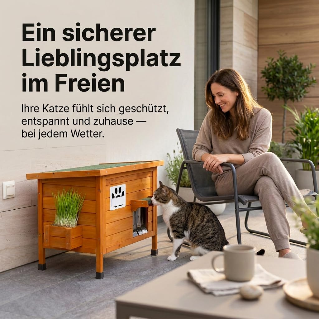 Katzenhaus Outdoor Wetterfeste aus Holz für draußen mit Namensschild, Pflanzkasten, selbstheizendem Kissen & Katzenminze-Spielzeug – Winterfest Katzenhütte für Garten, Terrasse oder Balkon