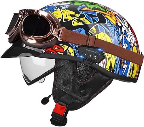 Miniatura 9 de Casco de cara abierta con Bluetooth para hombres y mujeres, casco retro de estilo alemán con diseño de calavera, visera con gafas, casco de media