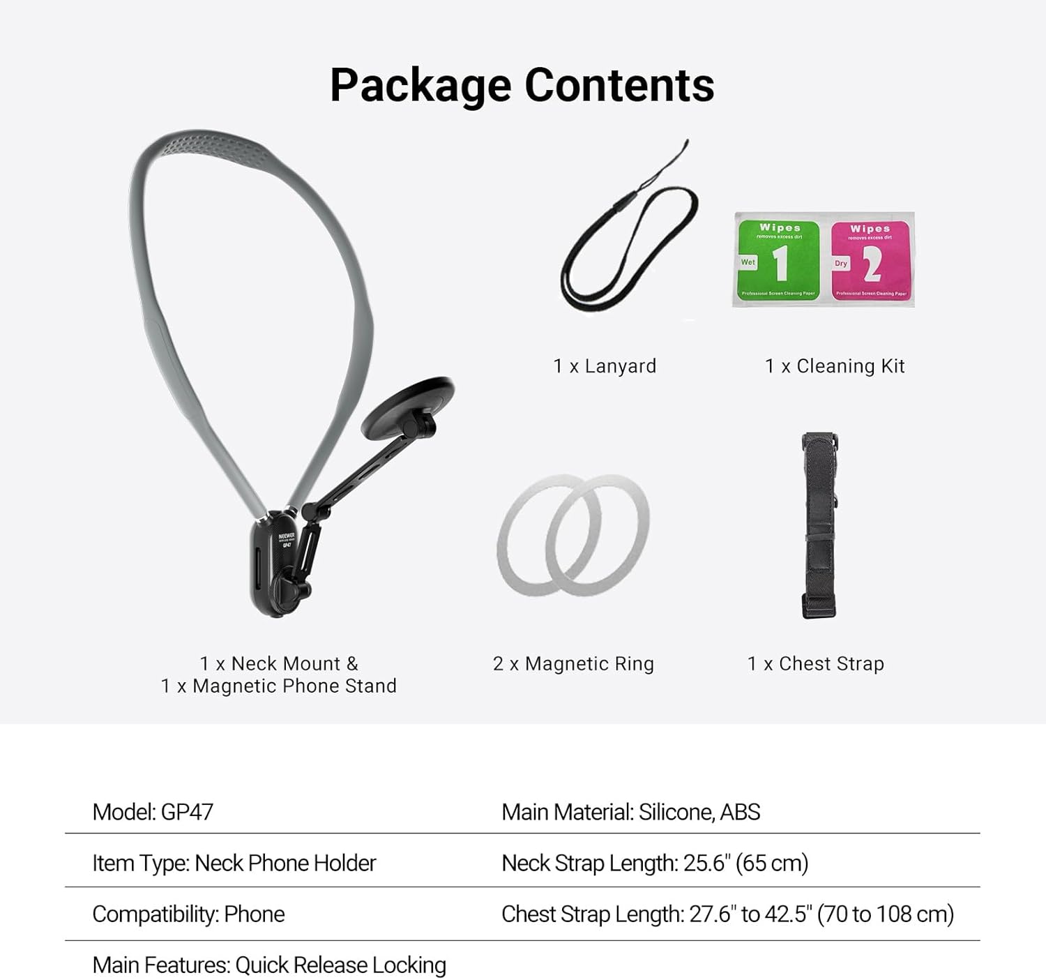 NEEWER Magnetic Phone Neck Holder, Quick Release Cell Phone Chest Mount Stand Adjustable Compatible with MagSafe iPhone Samsung Android, Accessories Kit for POV Vlogging Selfies Video Recording, GP47