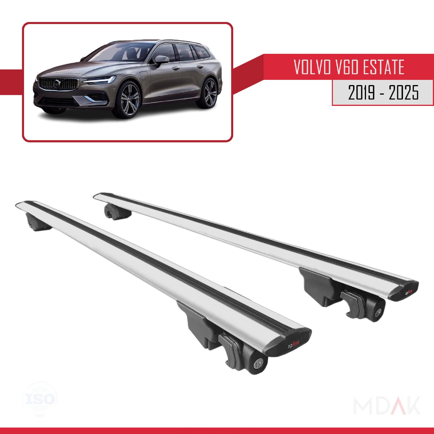 MDAK Compatible con Volvo V60 II 2019-2025 Hook Model Barras de Techo Auto Portaequipajes Barras Transversales Gris Aluminio 2 Barras