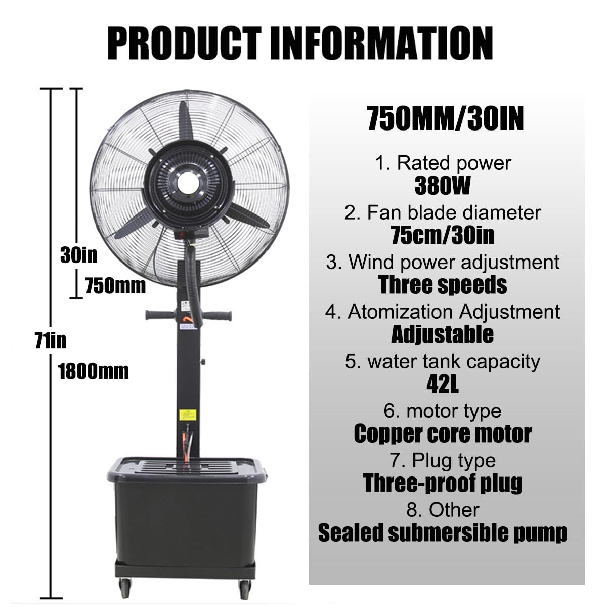 CSXCQM Patio Misting Fans Outdoor Pedestal Cooling Fan 3 Speeds, 90° Oscillation Industrial Spray Fan Black With 11 Gal Standalone Tank For Residential Greenhouse (Size : 750mm/30in)