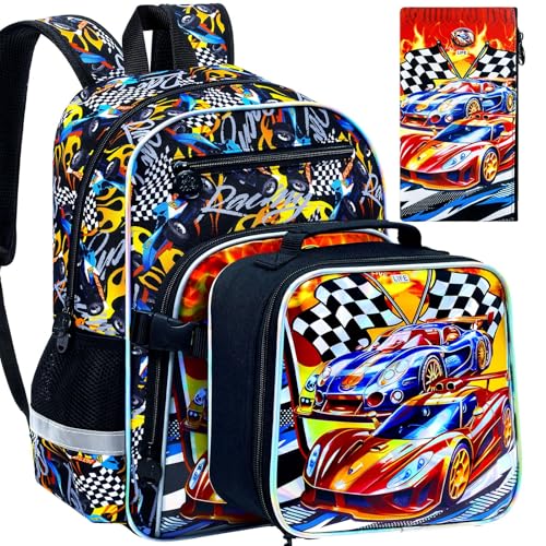 Image of HPJGD 3PCS Bookbag for Boys, 16 inch Race Car Preschool Backpack Set with Clip-On Lunch Box, Kids Water-Resistant School Bag for Elementary - Thrill Racing