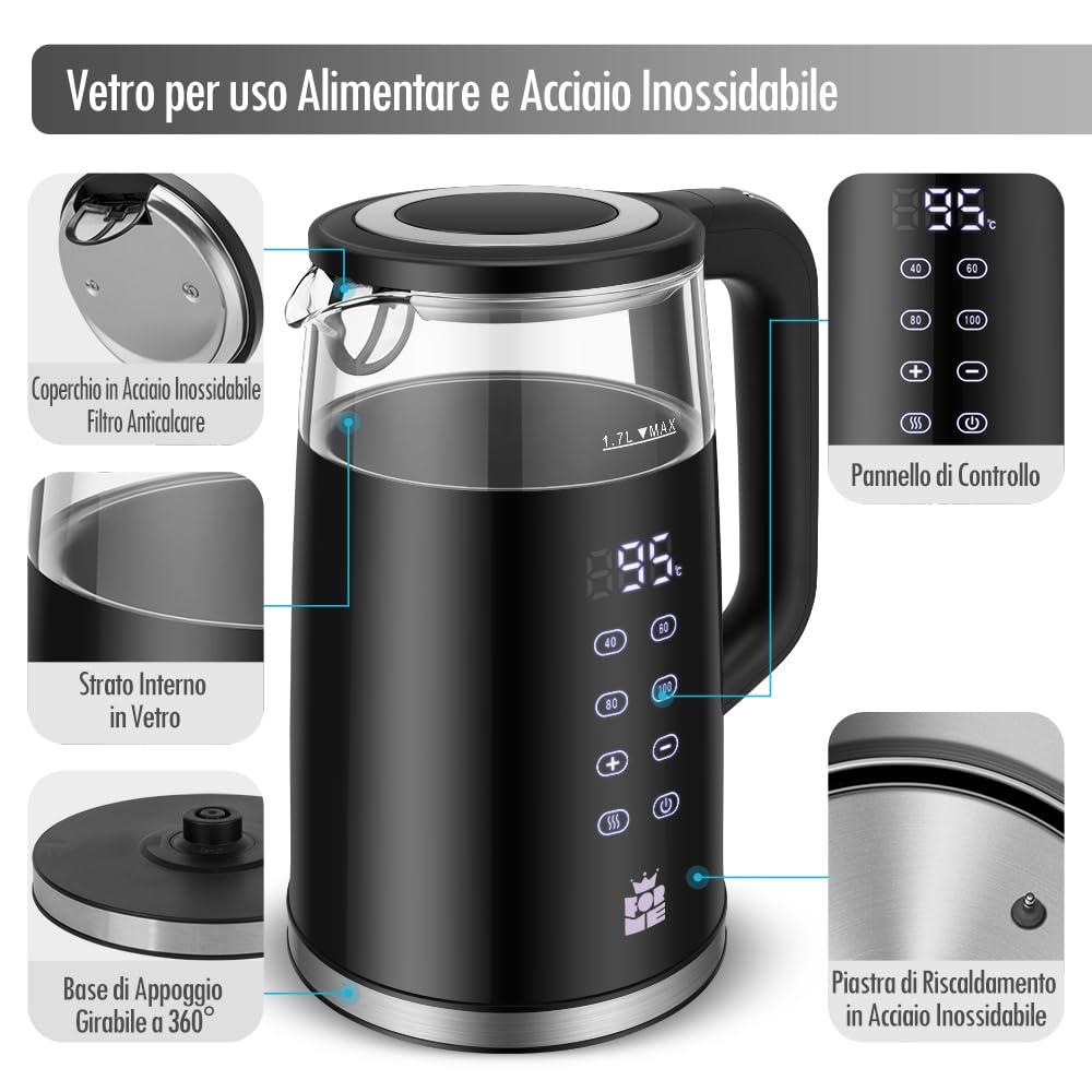 Bollitore In Vetro Digitale 1,7L Con Controllo Temperatura 40-100°C – 2200W, Display LED, Mantenimento Calore E Doppia Parete