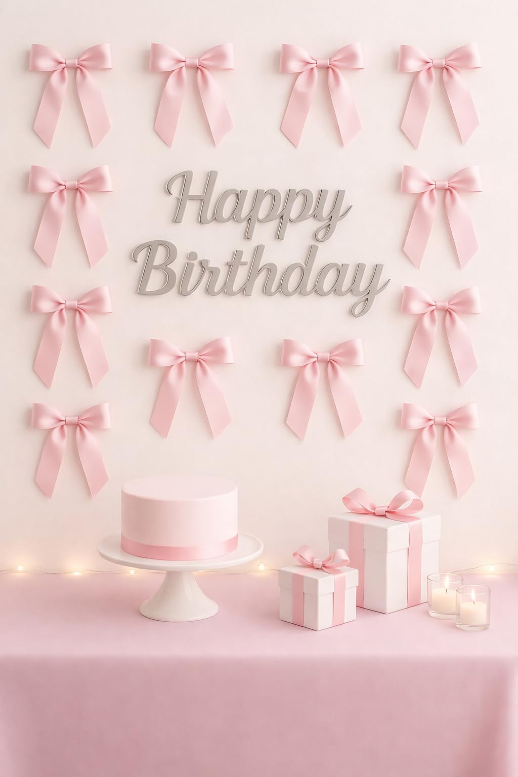 Birthday Decoration Kit 15 Pcs Satin Bow Set with Happy Birthday Banner & Glue Dots (Pink)-image-0