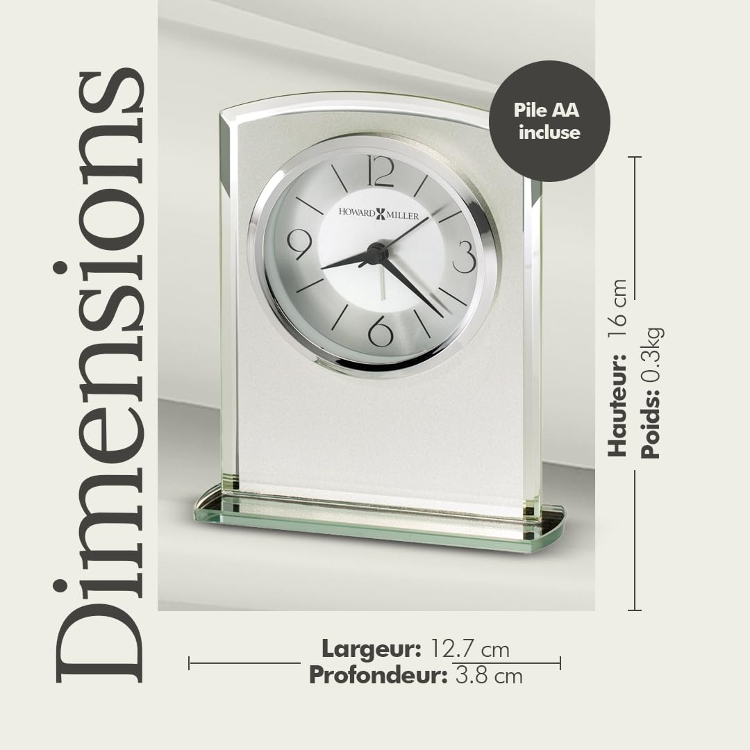 Howard Miller Glamour Horloge de Table 645771 – Horloge Moderne en Verre Dépoli avec Dessus Incurvé, Bords Biseautés en Miroir, Base en Verre Miroir, Alarme/Mouvement à Quartz