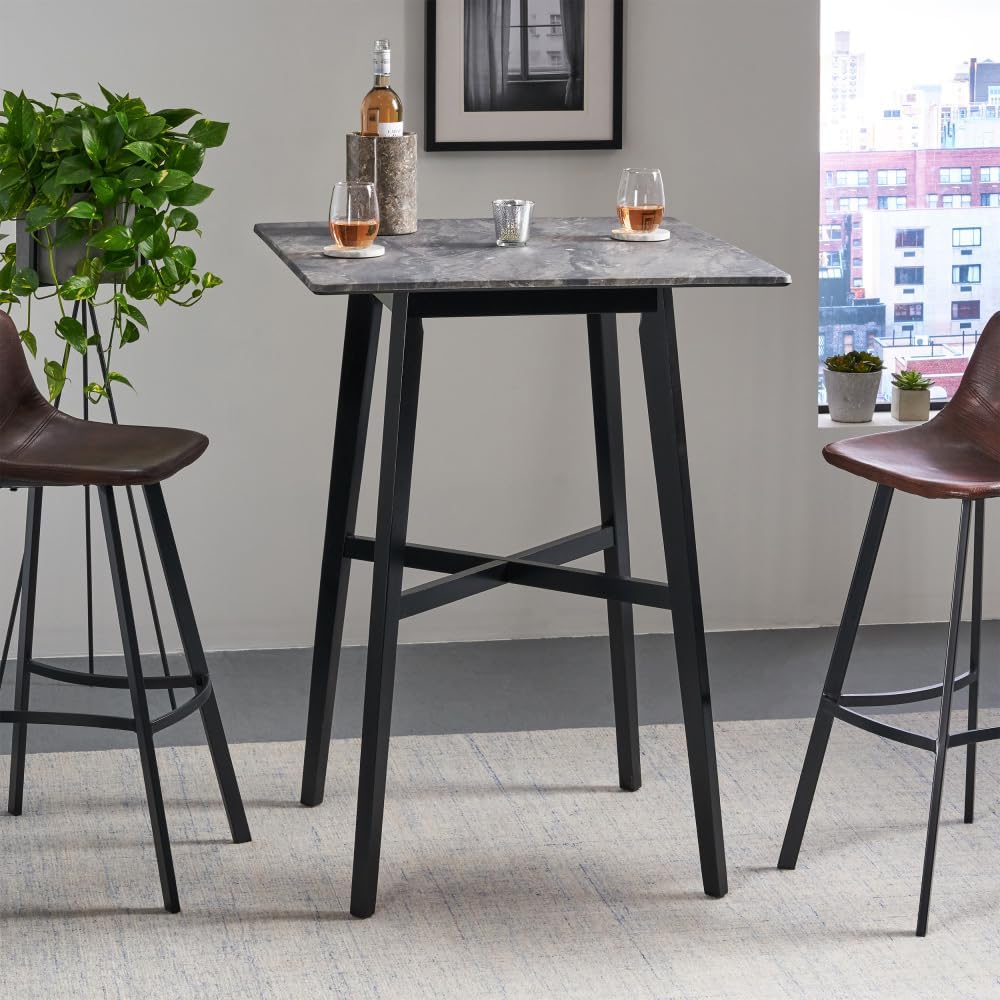 Modern Bar Height 42" Dining Table, Rubberwood Legs and Laminate Table Top, Paladina Marble Finish, Black (Grey+Black + MDF + Rubberwood)